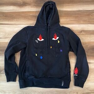 Roku Studio God Will Rise Black Graphic Hoodie Embroidered Flaming Skull Small